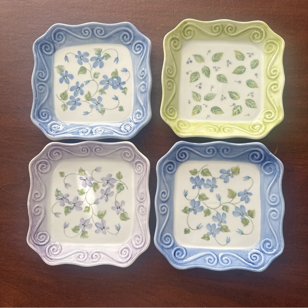 SOLD ANDREA By Sadek 6.5” Octagon Square Floral Decorative Plates; Set Of 4